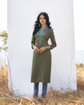 Olive Green Colored Casual Wear Rayon Embroidered Work Kurtis