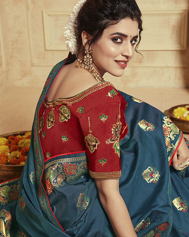 Navy Blue Color Wedding Wear Heavy Banarasi Silk Saree With Double Blouse