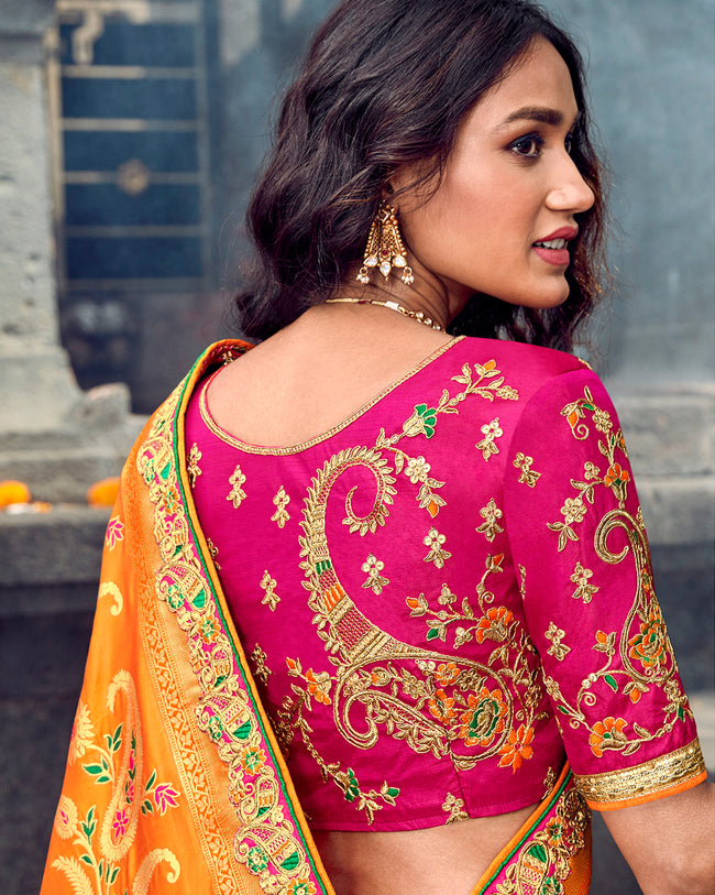 Yellow-Pink Color Traditional Wear Silk Thread Work Lehenga Choli