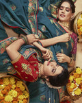 Navy Blue Color Wedding Wear Heavy Banarasi Silk Saree With Double Blouse