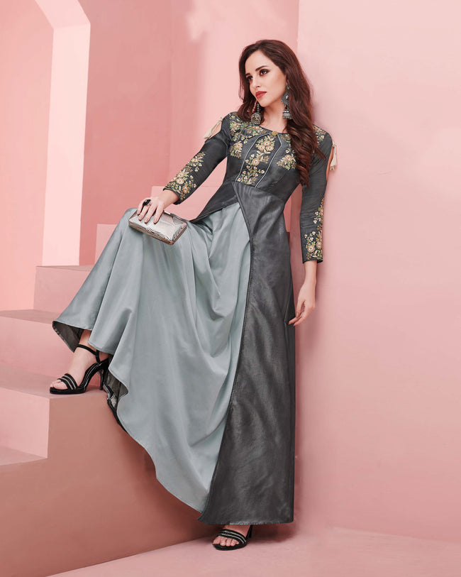Grey Colored Party Wear Embroidered Work Silk Gown