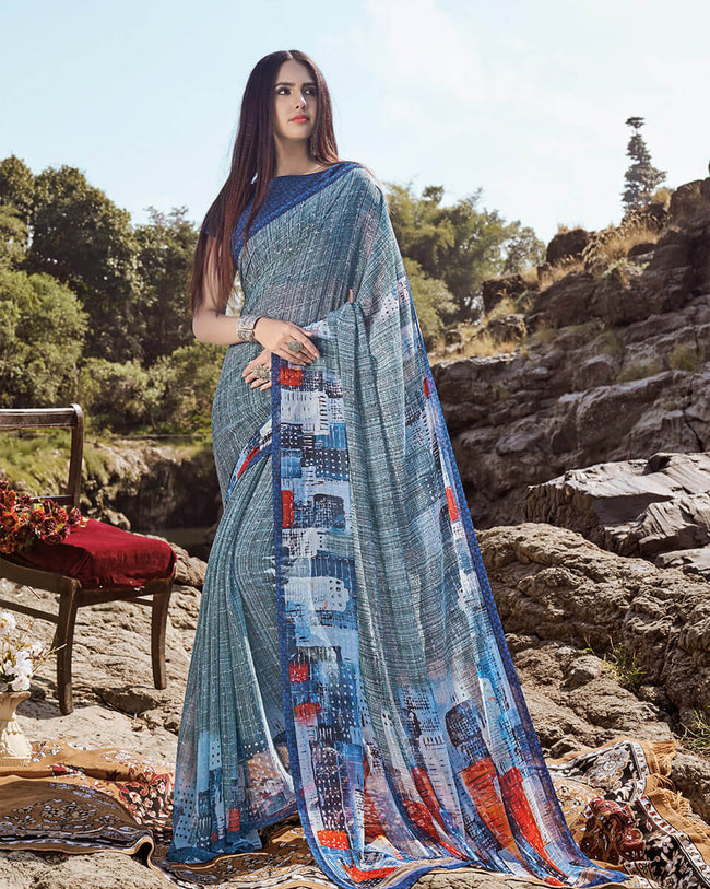 Gray and Blue Color Casual Wear Georgette Printed Saree