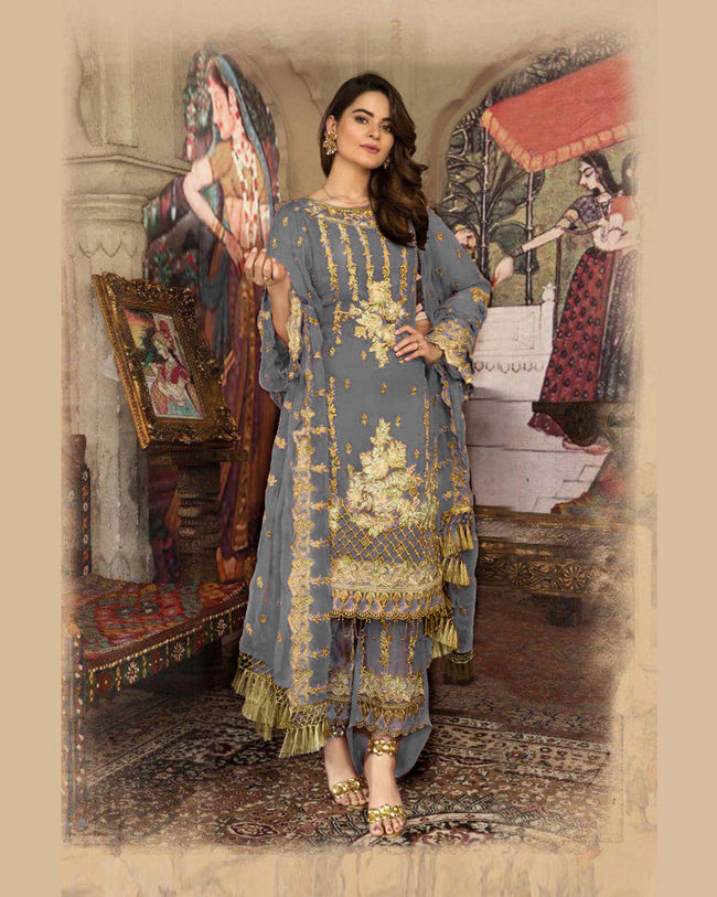 Grey Color Faux Georgette Unstitched Designer Pakistani Suits