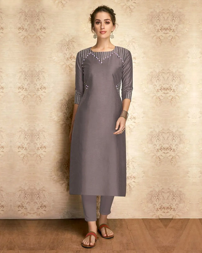 Grey Colored Partywear Embroidered Viscose Knee Length Kurti