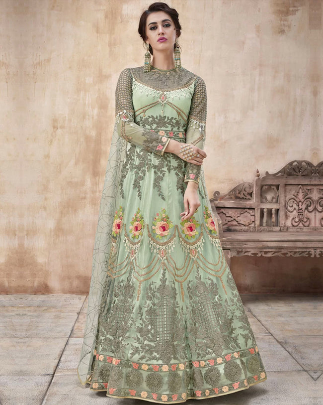 Green Color Bridal Wear Net Semi Stitched Anarkali Gown
