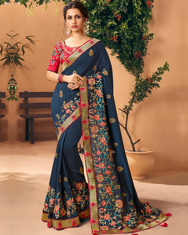 Teal Blue Color Georgette Jari Embroidery Work Party Wear Saree With Pink Designer Blouse