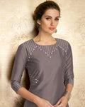 Grey Colored Partywear Embroidered Viscose Knee Length Kurti