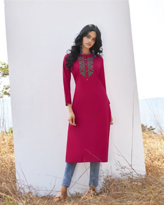Magenta Pink Colored Casual Wear Rayon Embroidered Work Kurtis