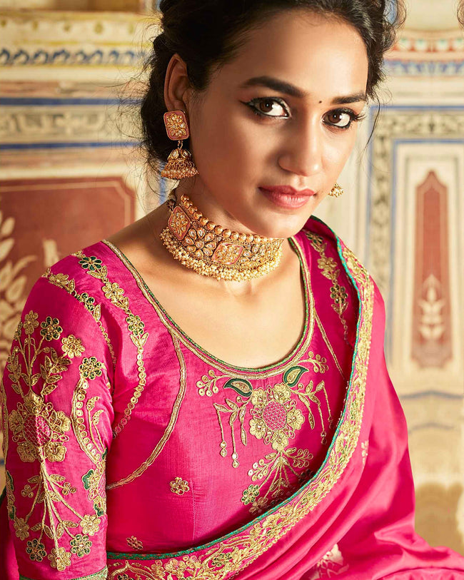Magenta Pink Color Silk Designer Banarasi Saree with Embroidered Border