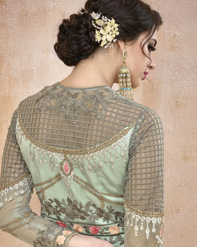 Green Color Bridal Wear Net Semi Stitched Anarkali Gown