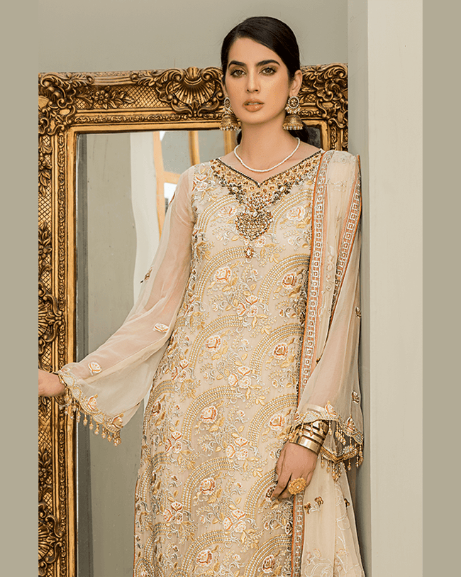 Off White Colored Georgette Unstitched Pakistani Salwar Kameez Suits