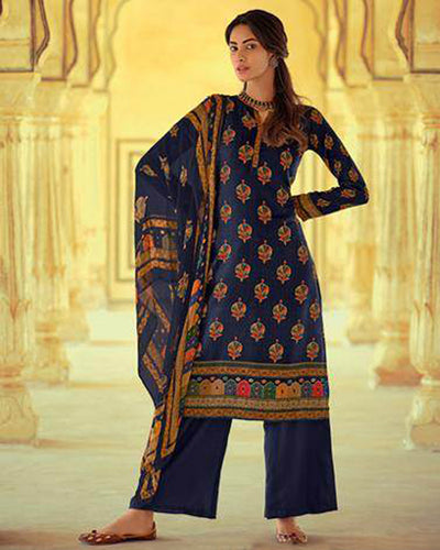 Blue Color Unstitched  Self woven Pasmina Printed Winter Pakistani Suits