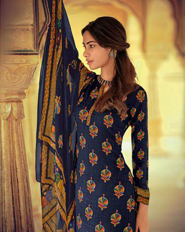 Blue Color Unstitched  Self woven Pasmina Printed Winter Pakistani Suits