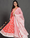 Orange and White Color Jaipuri Cotton Hand Block Gotta Patti Anarkali Style Kurta with Pant and Dupatta