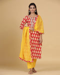 Red and Yellow Color Festive Wear Jaipuri Cotton Hand Block Gotta Patti Straight Kurta with Pant and Dupatta