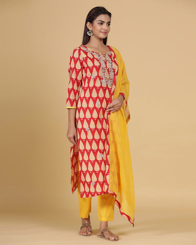 Red and Yellow Color Festive Wear Jaipuri Cotton Hand Block Gotta Patti Straight Kurta with Pant and Dupatta