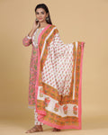 Pink Color Jaipuri Cotton Hand Block Printed Kurta with Pant and Dupatta