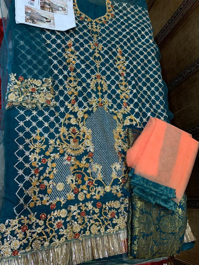 Beautiful Teal Blue Color Net Unstitched Pakistani Suit