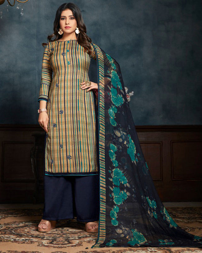 Navy Blue Color Winter Wear Printed Pashmina Unstitched Pakistani Salwar Kameez Suit