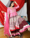 Baby Pink Color Jaipuri Cotton Printed Kurta with Palazzo and Dupatta