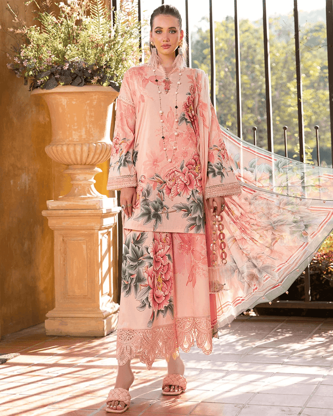EID COLLECTION 2023 MPrint Peach Color Unstitched Cotton Printed Lawn Pakistani Salwar Suits