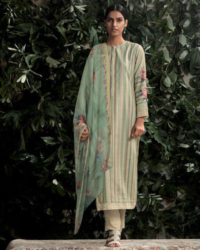 Cream Color Digital Printed Pashmina Unstitched Winter Pakistani Suit