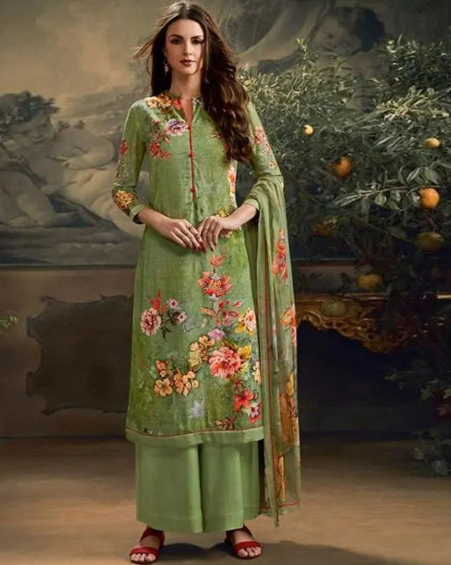 Green Color Winter Wear Printed Pashmina Unstitched Pakistani Salwar Kameez Suit
