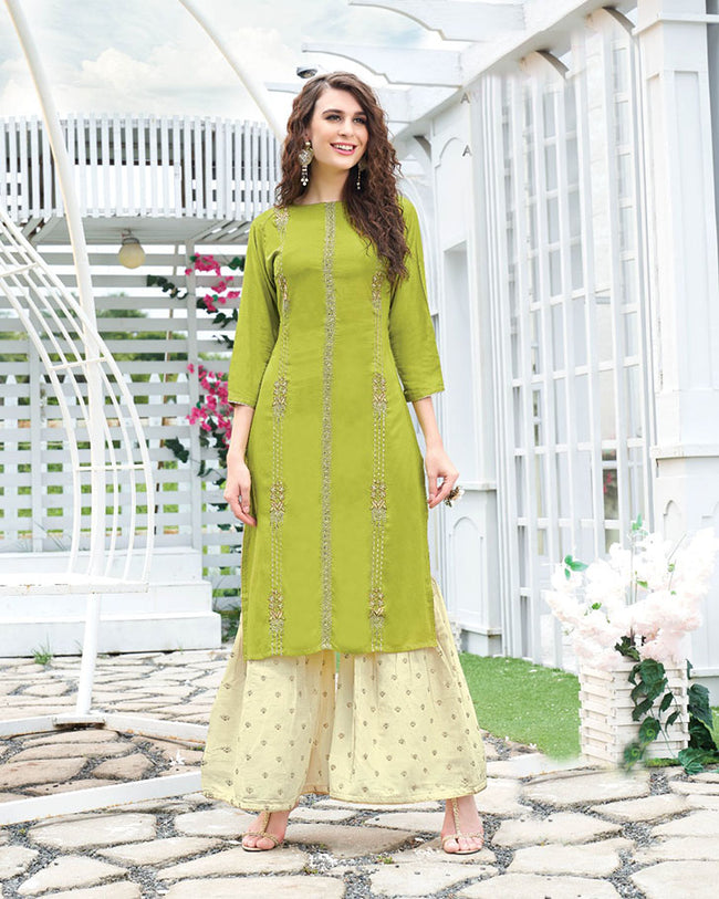 Green Color Fancy Embroidery Work Sharara Suit
