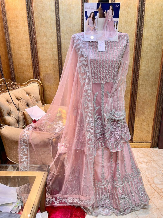 Onion Colored Unstitched Bridal Wear NETTED Peplum Style Pakistani Skirt Suits