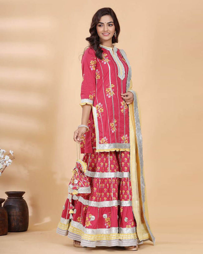 Red Color Cotton Gota Patti Work Printed Sharara Jaipuri Suit with Potli