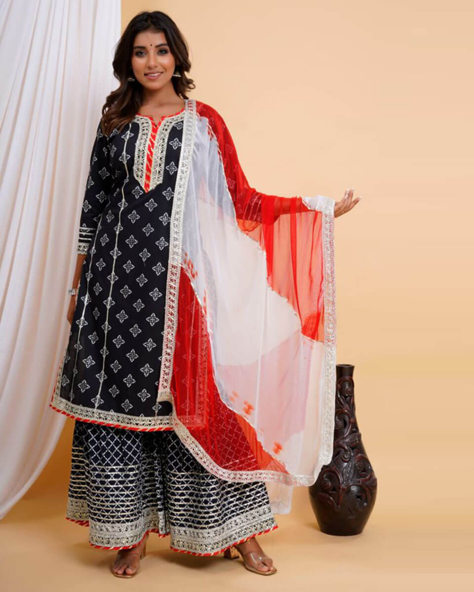 Pure Cotton Cambric Block Printing Stitched Suit with Gotta-Patti Embroidery & Sharara main image 0