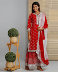 Red Color Cotton Gota Patti Work Style Printed Sharara Jaipuri Suit