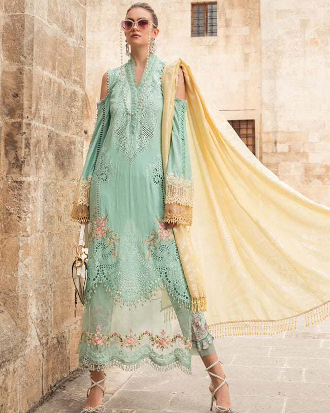 Eid Collection 2021 Sea Green Color Unstitched Pakistani Lawn Cotton Printed and Embroidered Pant Suit with Yellow Dupatta