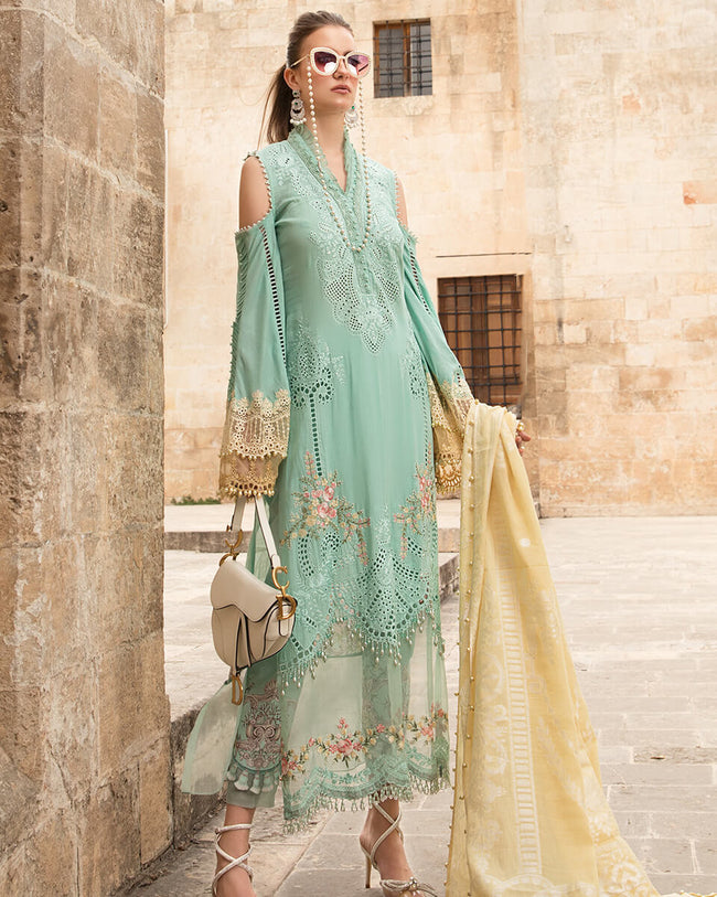 Eid Collection 2021 Sea Green Color Unstitched Pakistani Lawn Cotton Printed and Embroidered Pant Suit with Yellow Dupatta