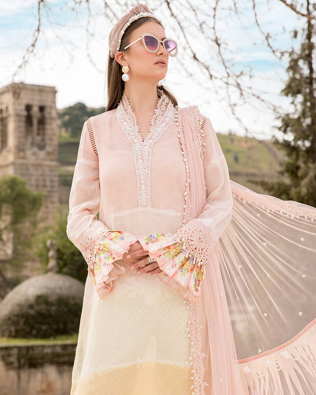 Eid Collection 2023 Pink and Yellow Color Unstitched Pakistani Lawn Cotton Printed Shirt and Pant Style Suit