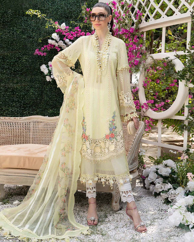 EID COLLECTION 2023 MARIAB Light Yellow Color Unstitched Cotton Printed Lawn Pakistani Salwar Kameez Suits